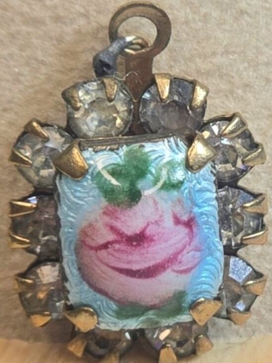 unbranded Jewelry - Vintage Guilloche Enamel Pink Rose Pendant Rhinestone Charm Art Deco Style READ